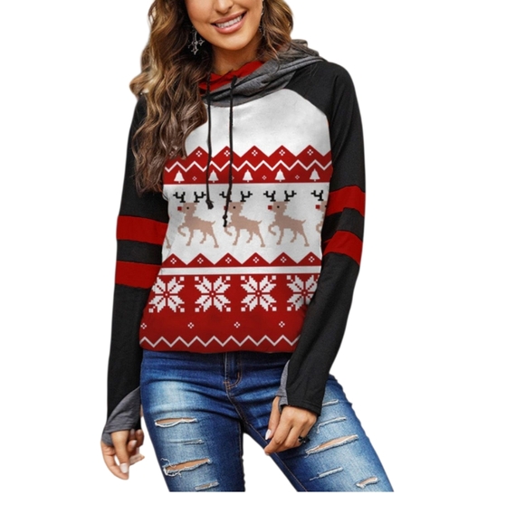 Tops - Holiday Reindeer Long Sleeve Hoodie with Drawstring
